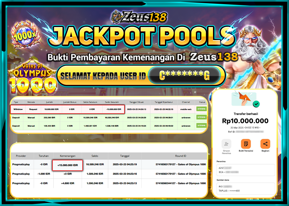 ZEUS138 JACKPOT GATES OF OLYMPUS 1000 Rp.10.000.000,- LUNAS